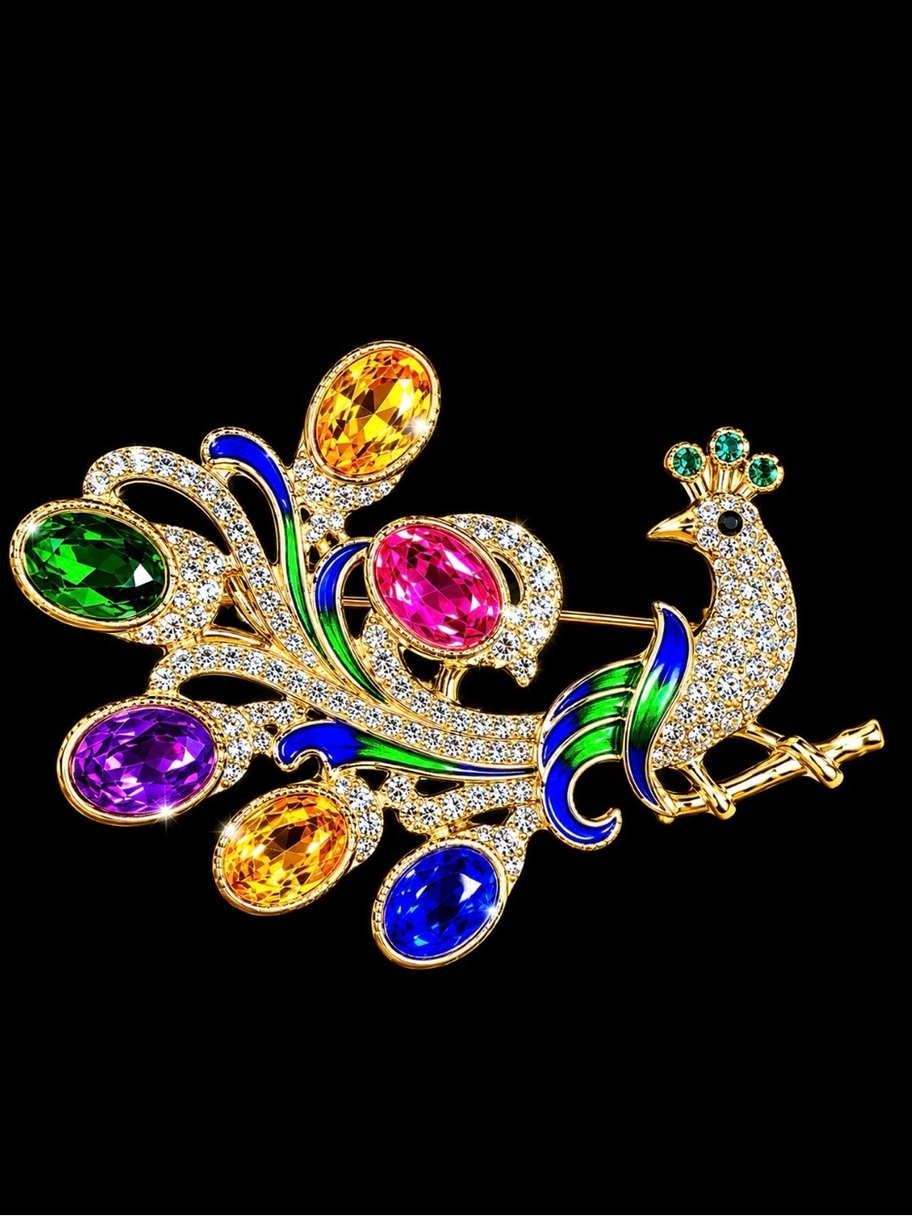 Multicolor Crystal Peacock Brooch Pin - Gold Tone